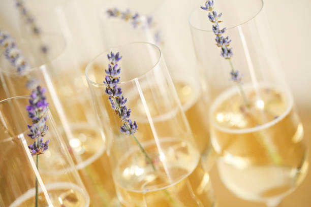 istock Glasses of champagne decorated with lavender 1131571488