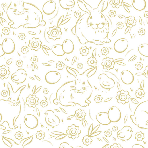 бесшовный узор с easter eggs, цветами, листьями, цыпленком и кроликами. дизайн пасхальных праздников. может быть использован для ткани, обои, шабл - scrap booking stock illustrations