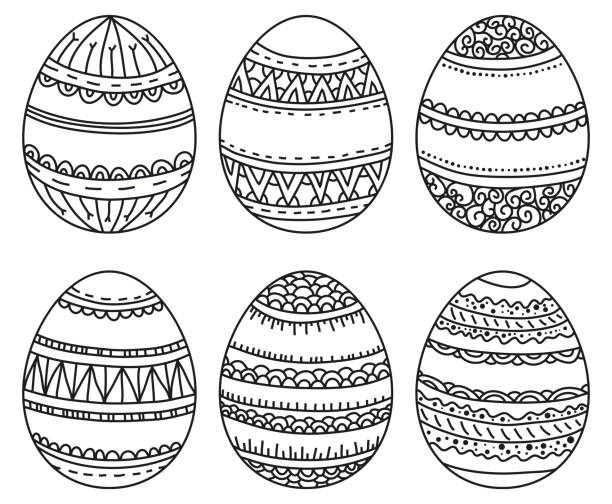 ilustraciones, imágenes clip art, dibujos animados e iconos de stock de vector conjunto de huevos de pascua con patrón geométrico para colorear libro. elementos decorativos dibujados a mano en vector. blanco y negro. zentangle-vector. diseño de vacaciones de pascua. - easter egg paint black and white drawing