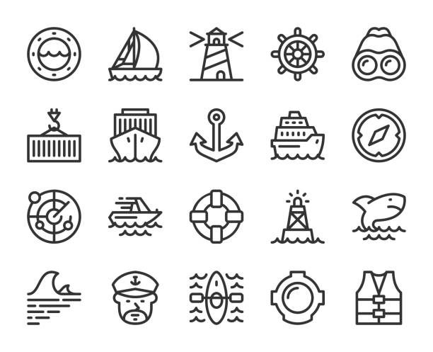 ilustraciones, imágenes clip art, dibujos animados e iconos de stock de iconos náuticos y de la línea del puerto - anchor harbor vector symbol