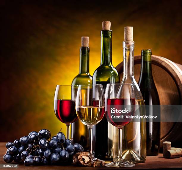 Still Life With Wine Bottles Stock Photo - Download Image Now - Alcohol - Drink, Barrel, Bottle