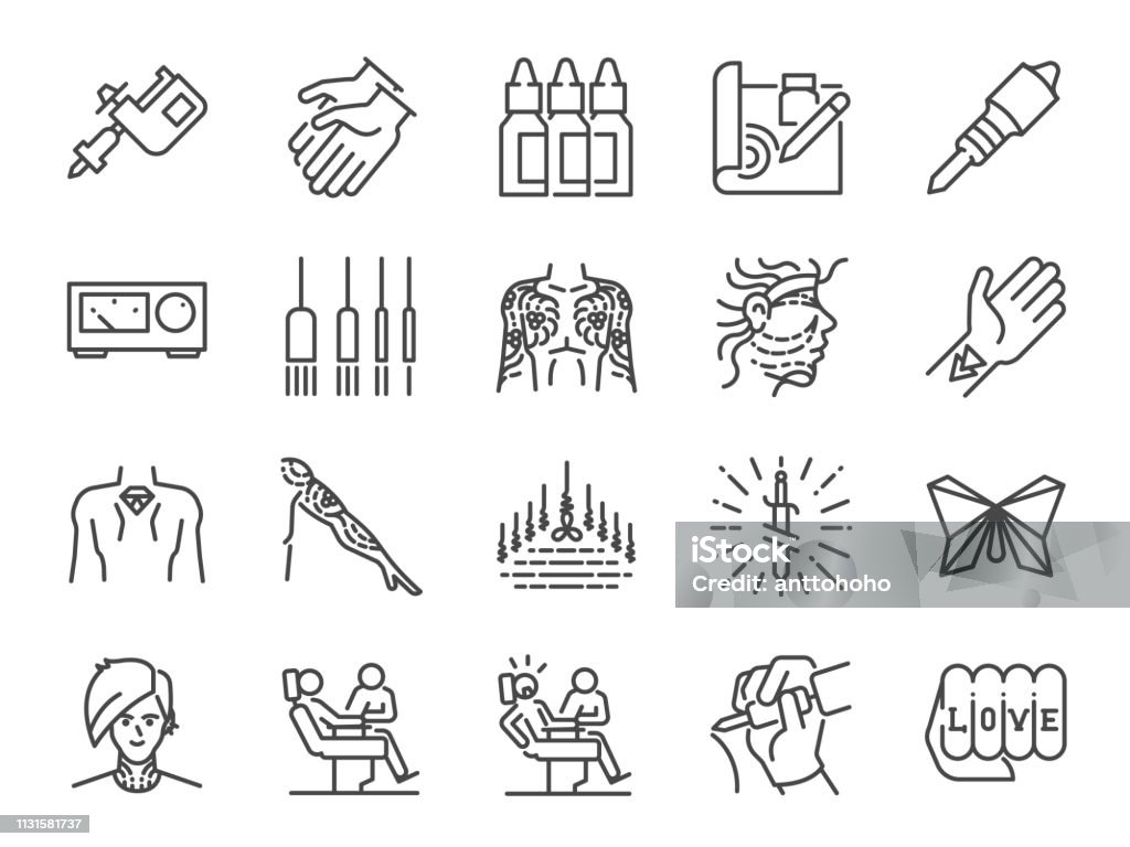 Tattoo line icon set. Included icons as skin, body, artist, style, art and more. Tattoo stock vector