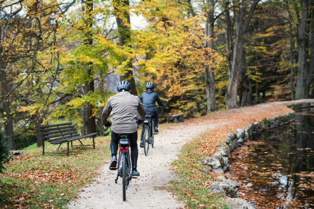 A rear view of senior couple with electrobikes cycling outdoors in park. A rear view of active senior couple with electrobikes cycling outdoors on a road in park. vista posterior stock pictures, royalty-free photos & images