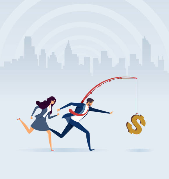 ilustrações de stock, clip art, desenhos animados e ícones de business people chasing money on fishing rod - currency chasing dollar sign pursuit