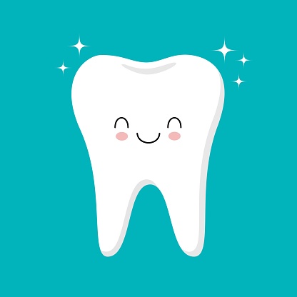 Cute healthy shiny cartoon tooth character, childrens dentistry concept vector Illustration kawaii style