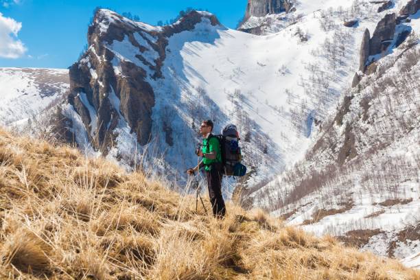 istock A man in mountain day winter. Unique 1131586661