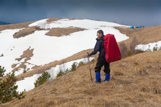 A man in mountain day winter. Unique