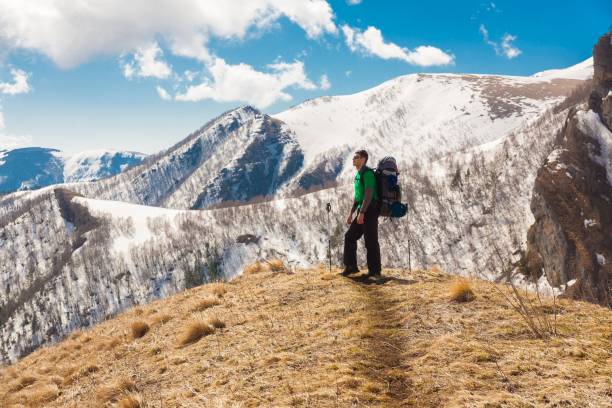 A man in mountain day winter. Unique