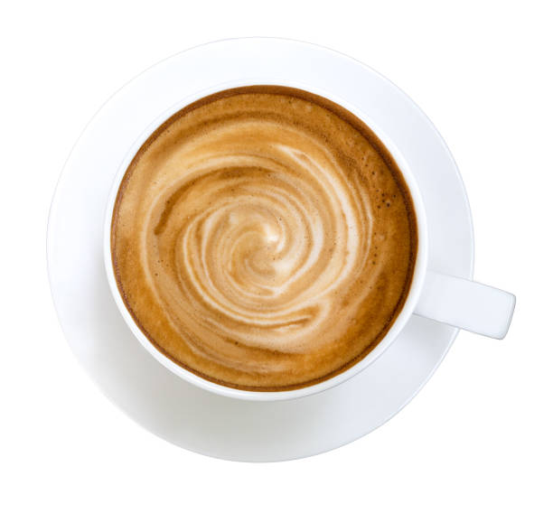 istock Hot coffee latte cappuccino spiral foam in ceramic cup on plate top view isolated on white background, clipping path included 1131587015