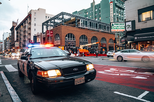 San Francisco, USA - December 31, 2017: Old classical American police car in San Francisco at duty.