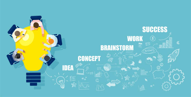 biznesmeni burza mózgów udany pomysł startowy siedzi przy stole w kształcie jasnej żarówki - innovation stock illustrations