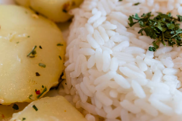 primo-up su riso bianco e patate saltate - herb plant rice white rice foto e immagini stock