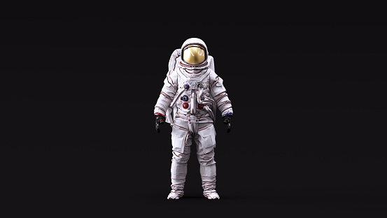 Astronauta con visera de oro y SpaceSuit blanco con luz blanca neutral frente photo