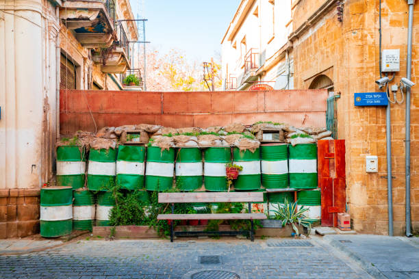 Part of the "Green Line" in the old town of Lefkosia Nicosia, Cyprus - March 29, 2018: Part of the "Green Line" ("Buffer zone" or "Dead Zone") in the old town of Lefkosia (Nicosia), the last divided capital in the world. southern turkey stock pictures, royalty-free photos & images
