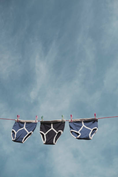istock blue and black retro Y-Front underpants on a washing line against a blue sky. 1131601006