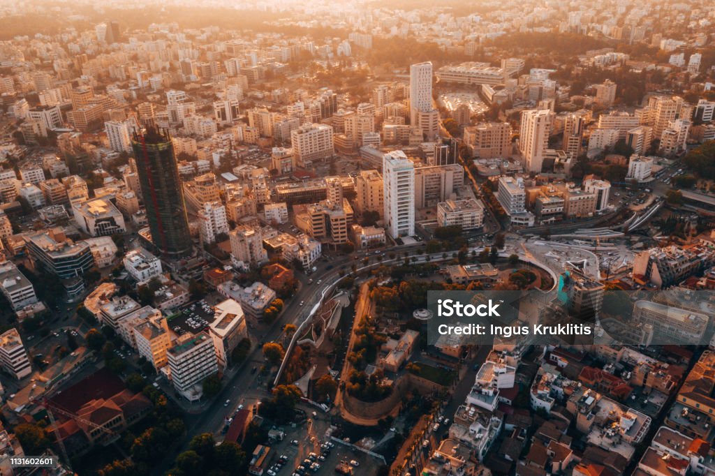 high altitude view of the iconic walled capital Aerial high altitude view of the iconic walled capital, Nicosia in Cyprus. Cyprus Island Stock Photo