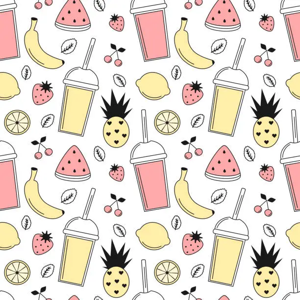 Vector illustration of cute summer black, white, pink and yellow seamless vector pattern background illustration with smoothies and fresh fruits