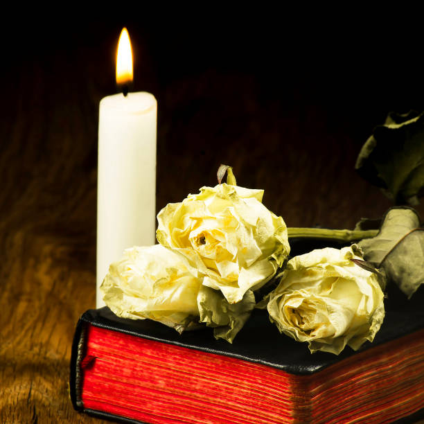 istock Old book, withered roses, and a burning white candle 1131603745