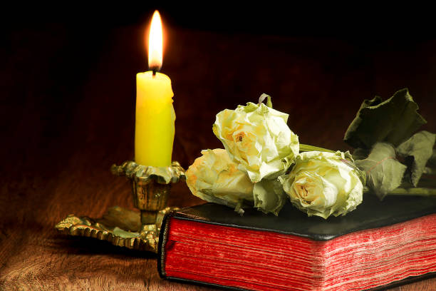 istock Old book, withered roses, burning yellow candle in a candlestick 1131603860