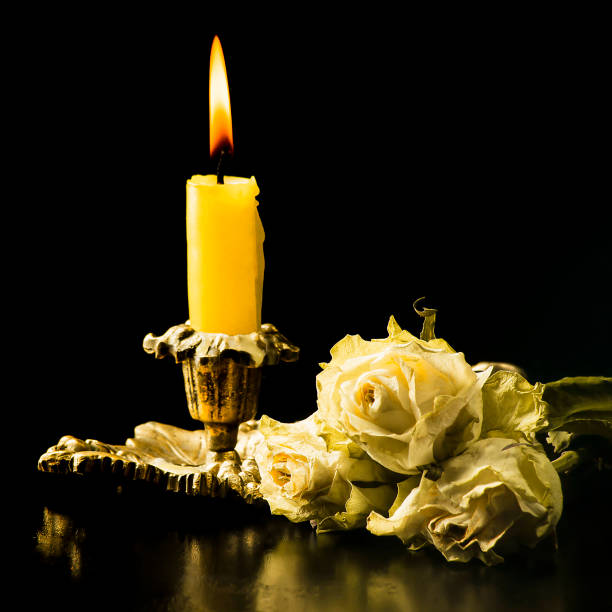 istock Withered roses, and a burning candle on a black background with reflection 1131603949
