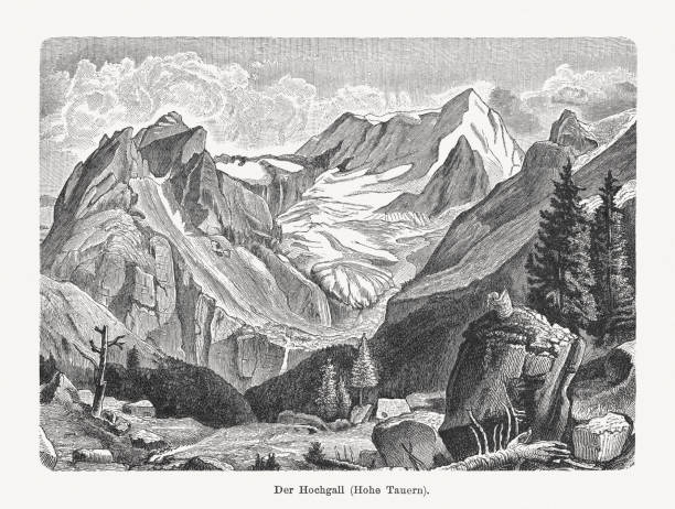 der hochgall, hohe tauern, österreich und italien, holzschnitt, erschienen 1897 - rieserfernergruppe stock-grafiken, -clipart, -cartoons und -symbole