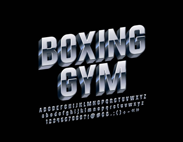 stockillustraties, clipart, cartoons en iconen met vector zilveren embleem boxing gym met 3d alfabet letters, cijfers en symbolen - staalplaat