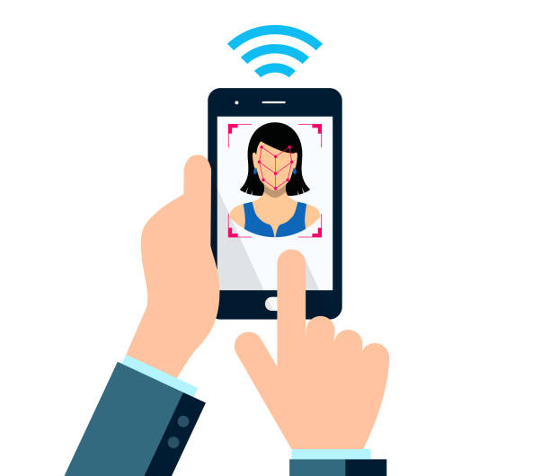 Smartphone Bio-metrics Of A Woman , Face Detection, Recognition And Identification Facial recognition system concept. Bio-metrics of a woman,  face detection, recognition and verification facial recognition woman stock illustrations
