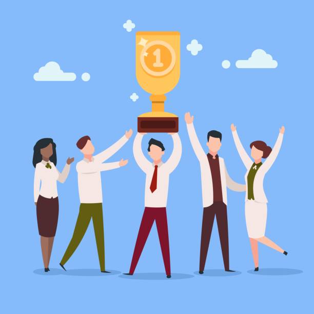 illustrazioni stock, clip art, cartoni animati e icone di tendenza di premio per il lavoro dei cartoni animati. il lavoro dipendente dell'ufficio premia il gruppo di persone con premi professionali del personaggio dell'uomo d'affari. vettore di premi di successo - ammirazione