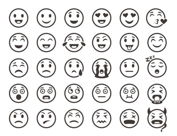 emoticons skizzieren. emoji gesichter emoticon lustige lächeln vektorlinie ikonen - kaputtlachen stock-grafiken, -clipart, -cartoons und -symbole