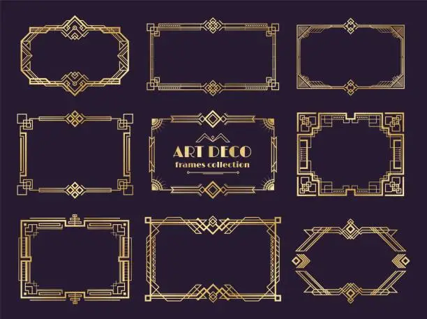 Vector illustration of Art deco borders set. Golden 1920s frames, nouveau luxury geometric style, abstract vintage ornament. Vector art deco elements