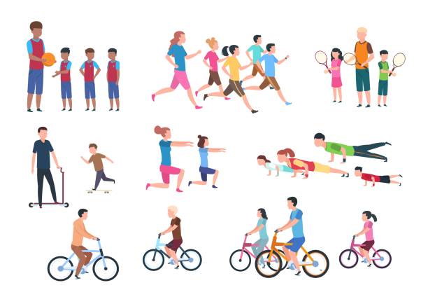 ilustraciones, imágenes clip art, dibujos animados e iconos de stock de actividad física. gente de fitness plana con padres y niños en actividades deportivas. ilustración vectorial aislada - cycling teenager action sport