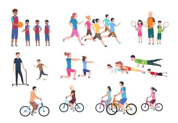 Vector illustration of Physical activity. People flat fitness set with parents and children in sport activities. Isolated vector illustration