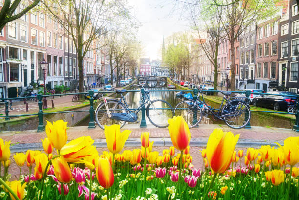 istock Orange bicycle next to canal of Amsterdam 1131609134