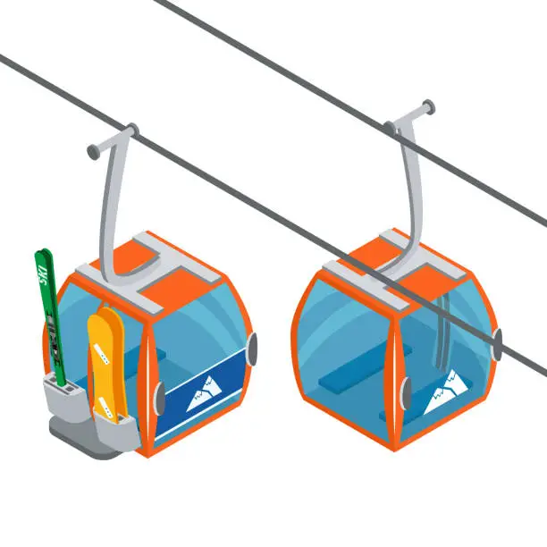 Vector illustration of Ski Lift Gondolas moving. Isolated on white background. Illustration of winter transport for the advertising flyer, post card or banner