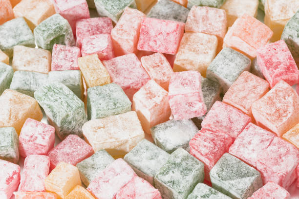 istock Pieces of multicolored Turkish Delight in powdered sugar. 1131620622