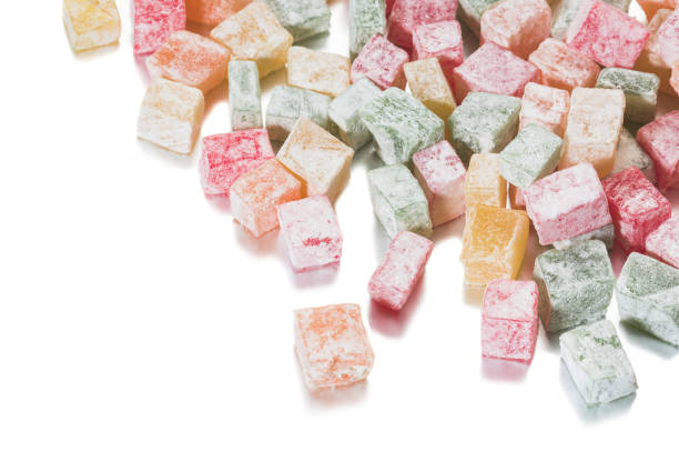 istock Pieces of multicolored Turkish Delight in powdered sugar. 1131620950