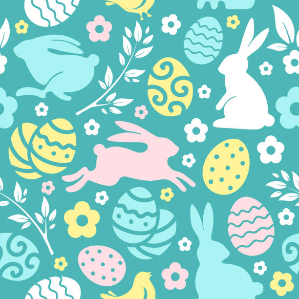 Easter Seamless Pattern Gentle seamless pattern for Easter with bunnies and colored eggs. Cute turquoise color on background and flowers. Simple Flat style. Vector illustration. easter patterns stock illustrations