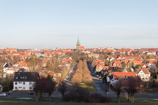 view of hildesheim german city church rooftops winter clarity daylight