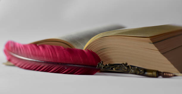 uma caneta vermelha é um livro manuscrito aberto - bible old book library - fotografias e filmes do acervo