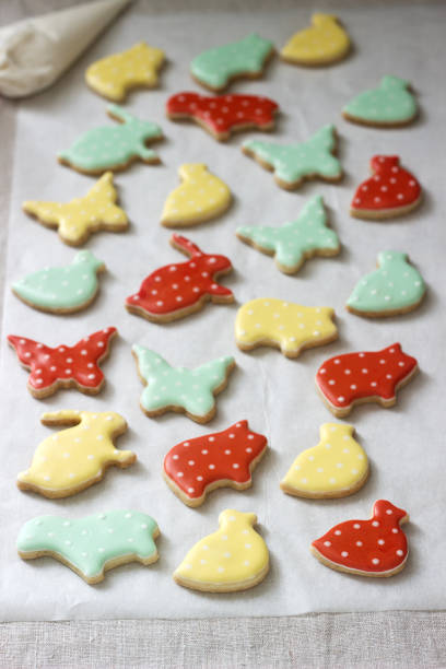 istock Gingerbread or shortbread cookies of various shapes, covered with colored icing. Spring or summer composition. 1131636669