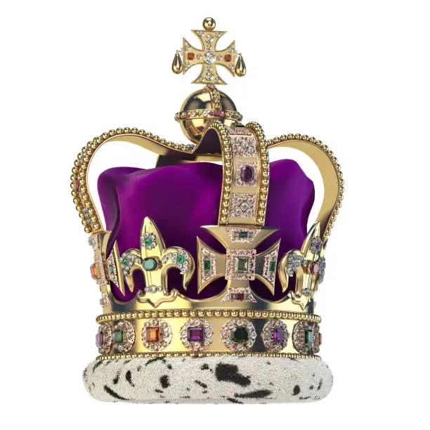 English golden crown with jewels isolated on white. Royal symbol of UK monarchy. 3d illustration