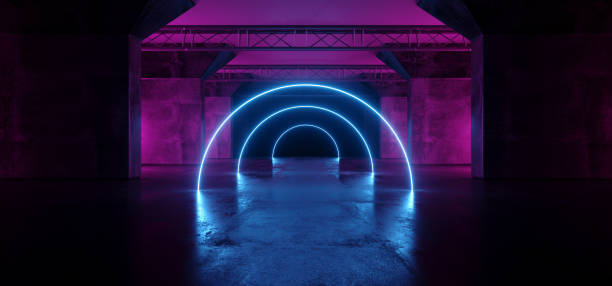 istock Sci Fi Circle Neon Glowing Fluorescent Laser Alienship Stage Dance Lights Ultraviolet Purple Blue Pink In Dark Empty Grunge Concrete Neon Reflective Tunnel Hall Corridor 3D Rendering 1131640516