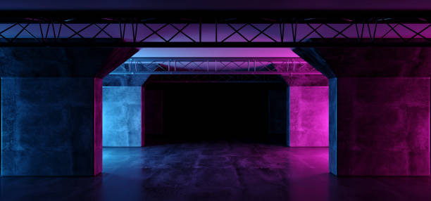 istock Neon Glowing Purple Pink Blue Retro Sci Fi Futuristic Modern Empty Grunge Concrete Reflective Stage Construction Tunnel Corridor Dark Room Hall 3D Rendering 1131640708