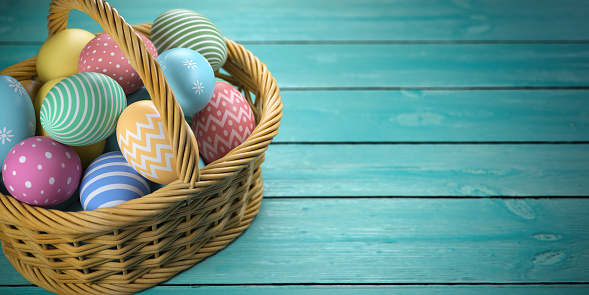 Easter eggs in a basket on the green wooden planks. 3d illustration