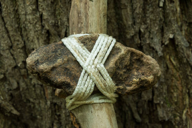 Primitive ax close up against the background of tree bark