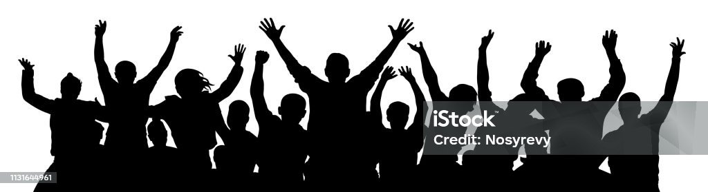 Crowd of fun people. A young group of people raised their hands up. Silhouette of vecton illustration In Silhouette stock vector