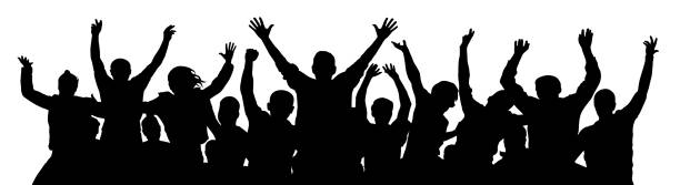 Crowd of fun people. A young group of people raised their hands up. Silhouette of vecton illustration Crowd of fun people. A young group of people raised their hands up. Silhouette of vecton illustration cheering stock illustrations