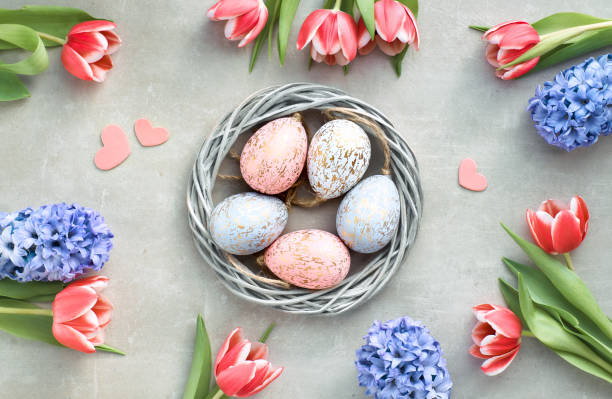istock Springtime flat lay with Easter eggs in wattle wreath, pink tulips and blue hyacinth 1131648521