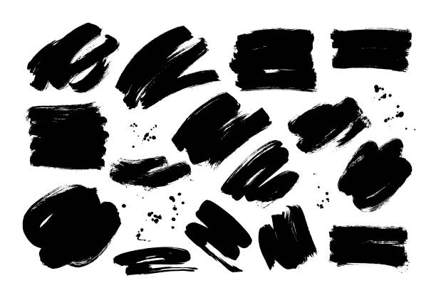 schwarze, trockene pinselstriche von hand gezeichnet. grunge schmiert vektorsammlung. - blob ink stained spray stock-grafiken, -clipart, -cartoons und -symbole