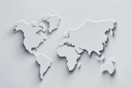 World map 3d in white colors with shadows and glowing edges. 3d illustration.